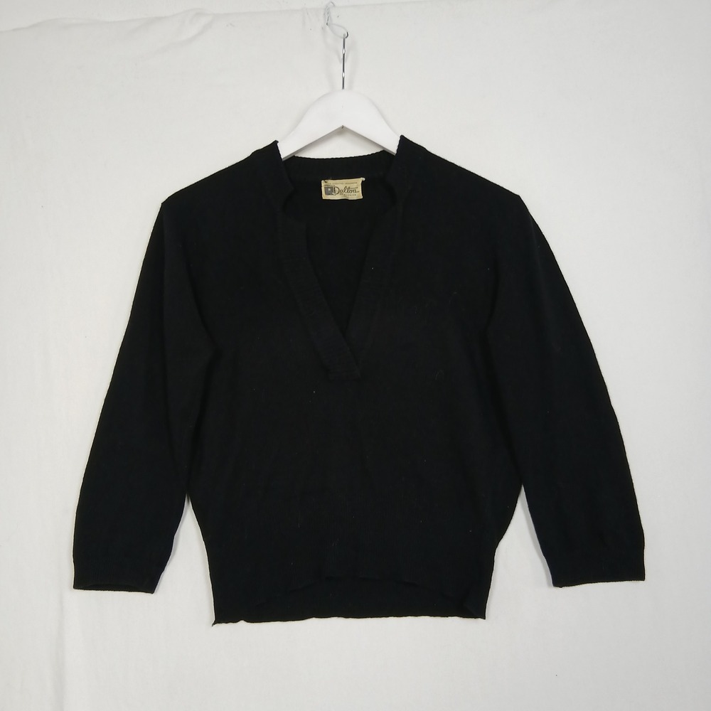 Vintage Dalton of America Black Pure Cashmere V-Neck Sweater 3/4 Sleeve